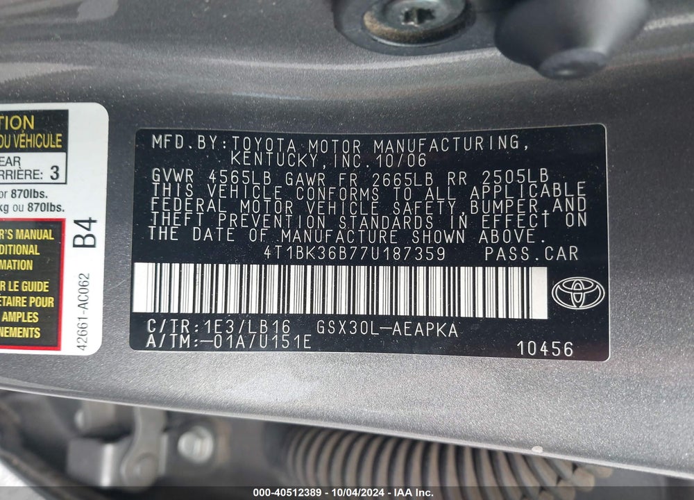 2007 TOYOTA AVALON LIMITED VIN: 4T1BK36B77U187359