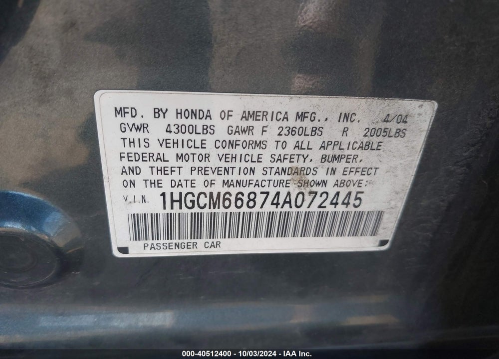 2004 HONDA ACCORD 3.0 EX VIN: 1HGCM66874A072445
