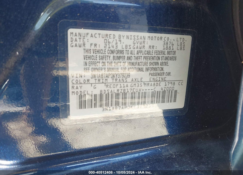 2019 NISSAN SENTRA SR VIN: 3N1AB7AP0KY379239
