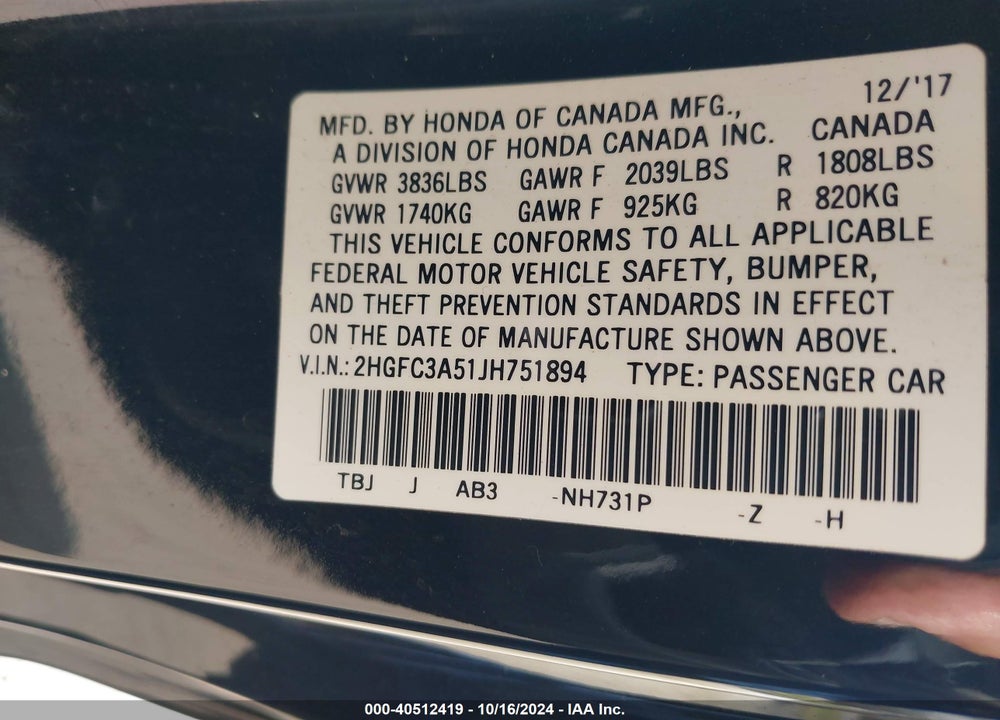 2018 HONDA CIVIC SI VIN: 2HGFC3A51JH751894