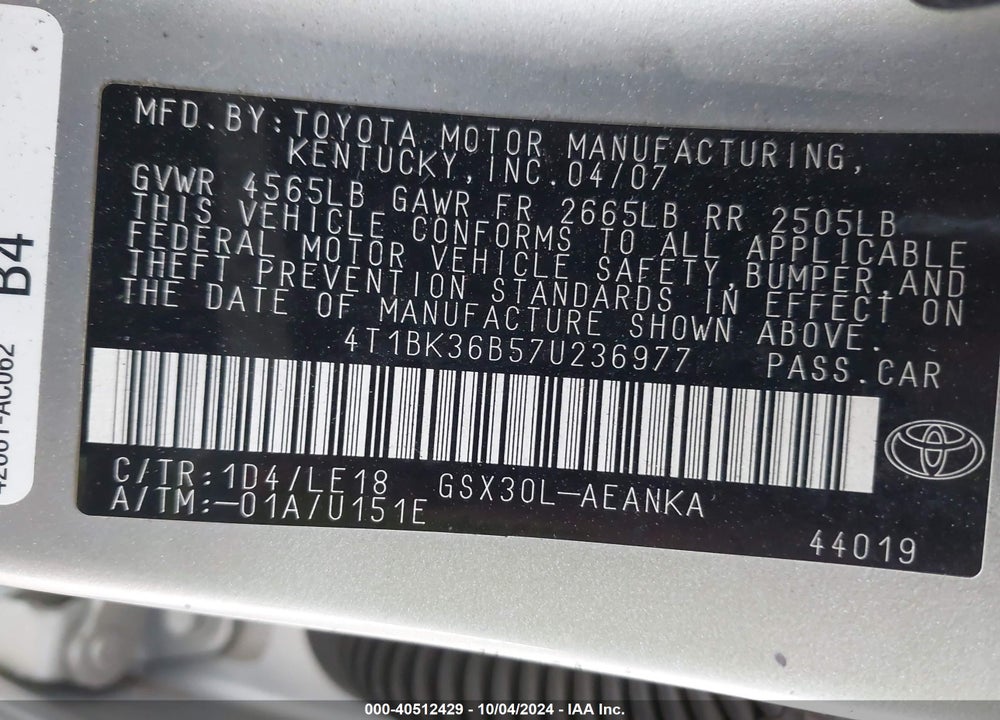 2007 TOYOTA AVALON TOURING VIN: 4T1BK36B57U236977