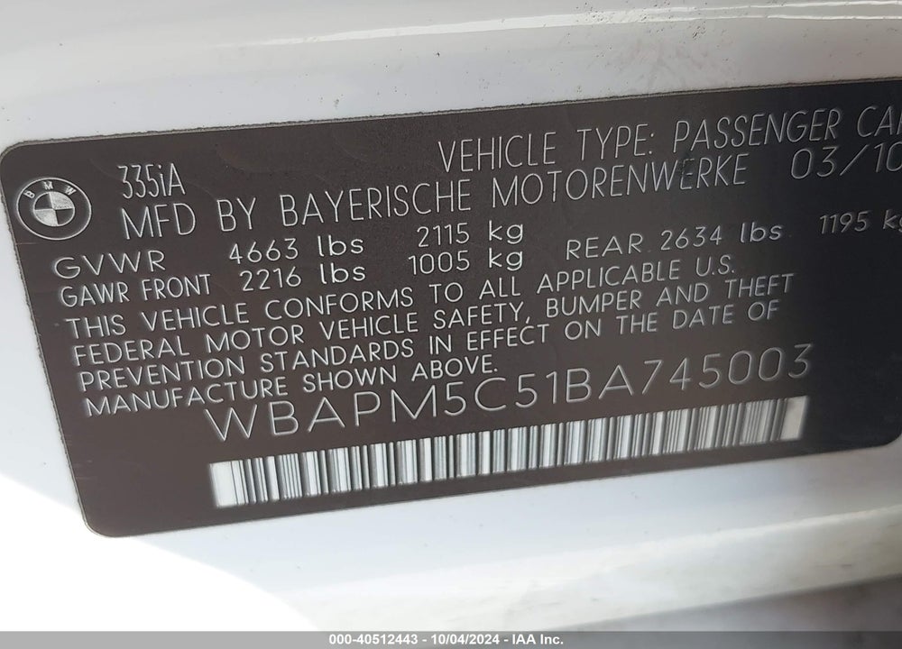 2011 BMW 335I VIN: WBAPM5C51BA745003