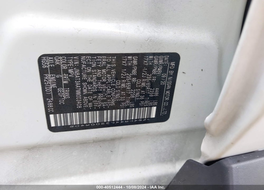 2021 NISSAN ROGUE S FWD VIN: JN8AT3AA7MW003408