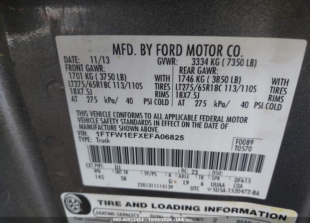 2014 FORD F-150 FX4 VIN: 1FTFW1EFXEFA06825