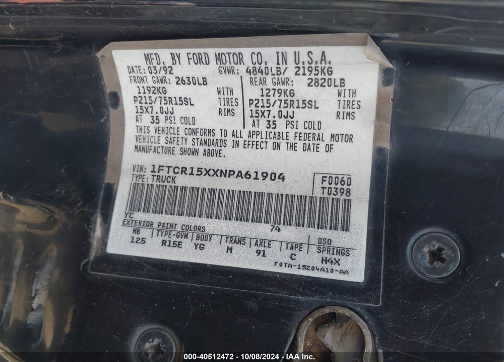 1992 FORD RANGER SUPER CAB VIN: 1FTCR15XXNPA61904