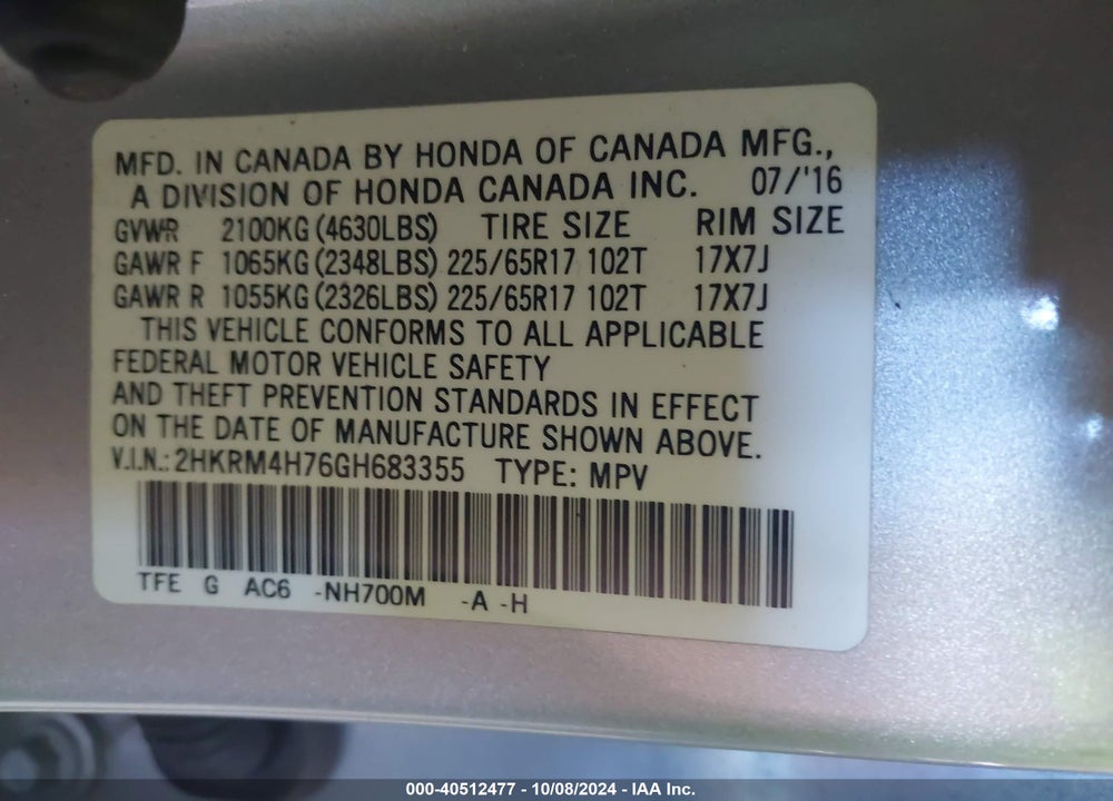 2016 HONDA CR-V EX-L VIN: 2HKRM4H76GH683355