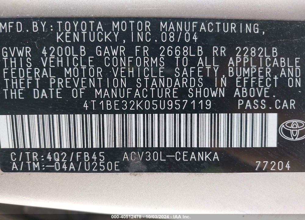 2005 TOYOTA CAMRY LE VIN: 4T1BE32K05U957119