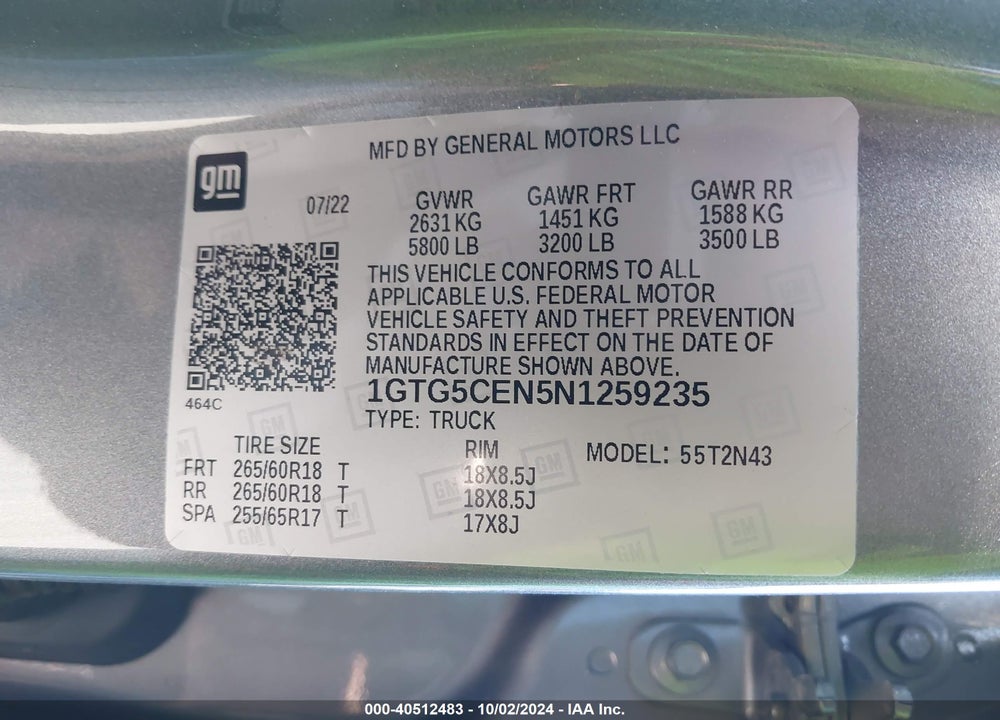 2022 GMC CANYON 2WD SHORT BOX ELEVATION VIN: 1GTG5CEN5N1259235