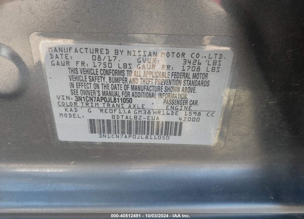 2018 NISSAN VERSA 1.6 SV VIN: 3N1CN7AP0JL811050