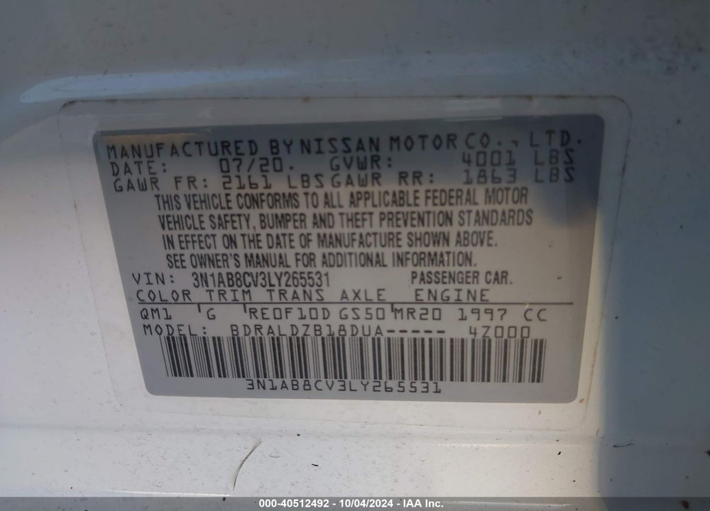 2020 NISSAN SENTRA SV XTRONIC CVT VIN: 3N1AB8CV3LY265531