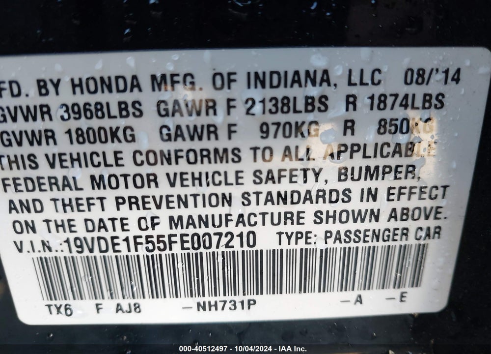 2015 ACURA ILX 2.0L VIN: 19VDE1F55FE007210