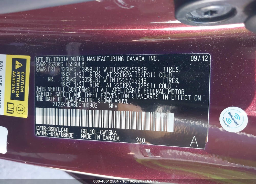 2013 LEXUS RX 350 VIN: 2T2ZK1BA6DC100902