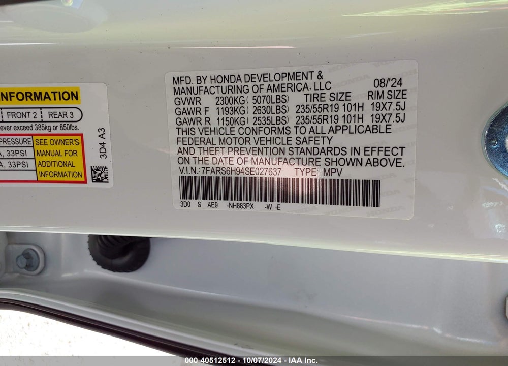 2025 HONDA CR-V HYBRID SPORT TOURING VIN: 7FARS6H94SE027637