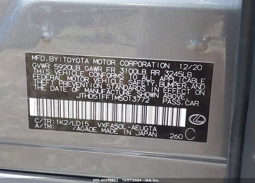 2021 LEXUS LS VIN: JTHD51FF1M5013772