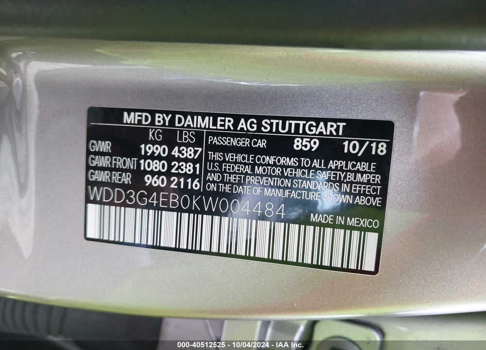 2019 MERCEDES-BENZ A 220 VIN: WDD3G4EB0KW004484