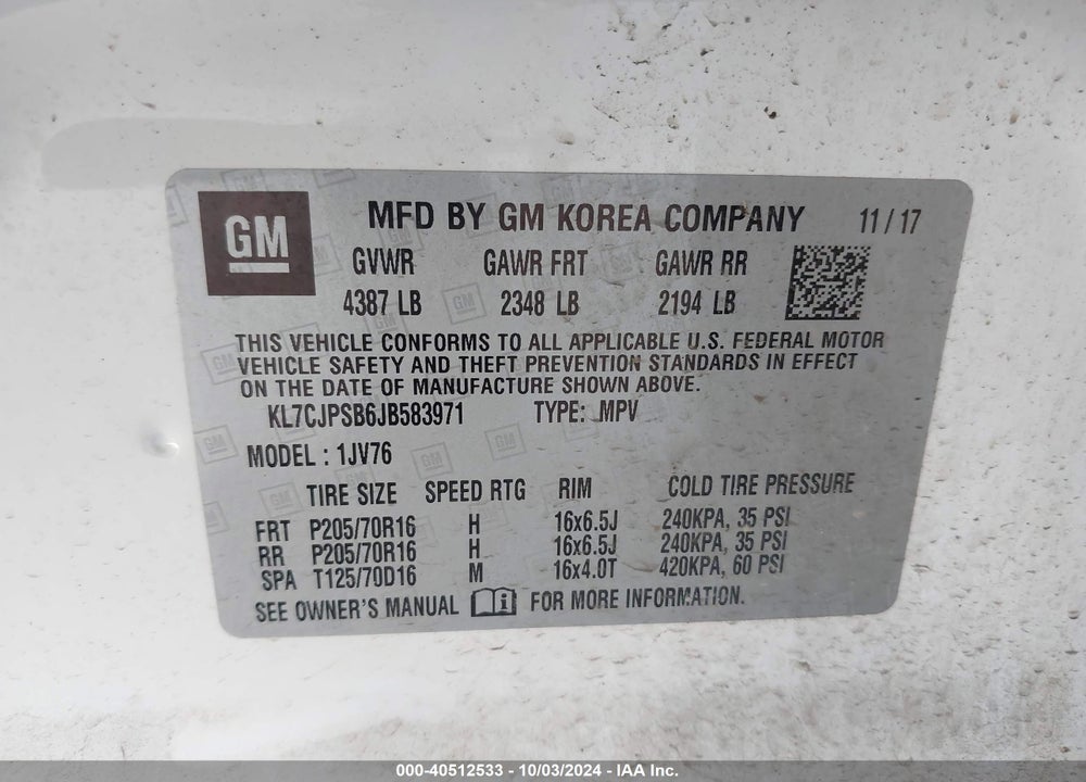 2018 CHEVROLET TRAX LT VIN: KL7CJPSB6JB583971