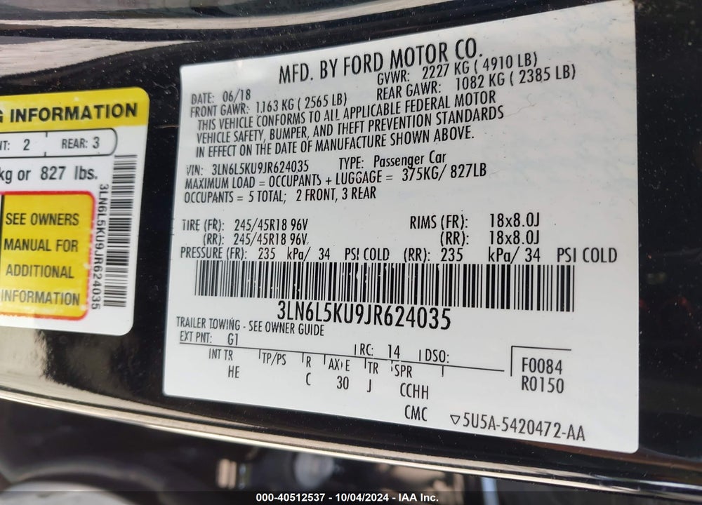 2018 LINCOLN MKZ HYBRID PREMIERE VIN: 3LN6L5KU9JR624035