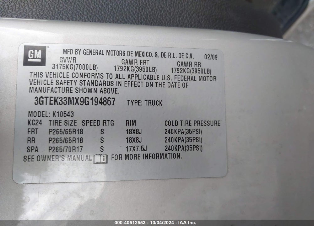 2009 GMC SIERRA 1500 SLT VIN: 3GTEK33MX9G194867