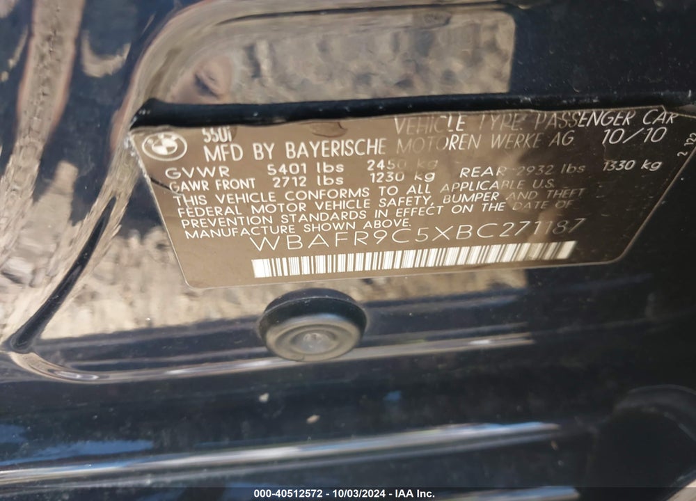 2011 BMW 550I VIN: WBAFR9C5XBC271187