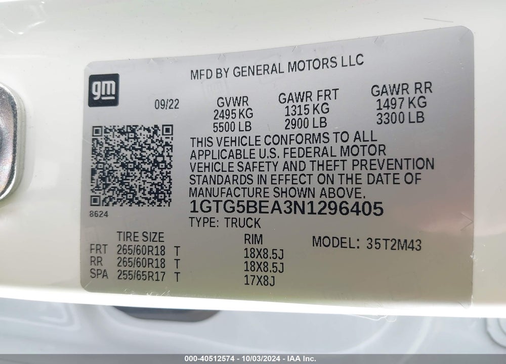 2022 GMC CANYON 2WD SHORT BOX ELEVATION STANDARD VIN: 1GTG5BEA3N1296405