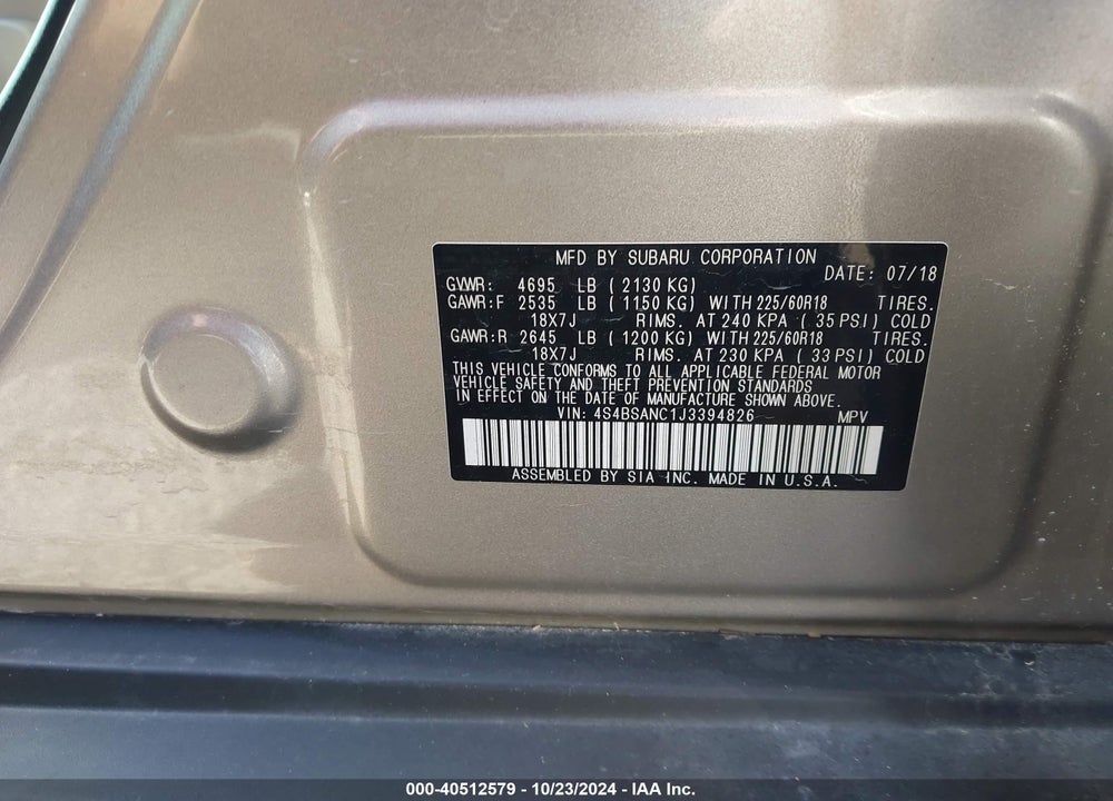 2018 SUBARU OUTBACK 2.5I LIMITED VIN: 4S4BSANC1J3394826