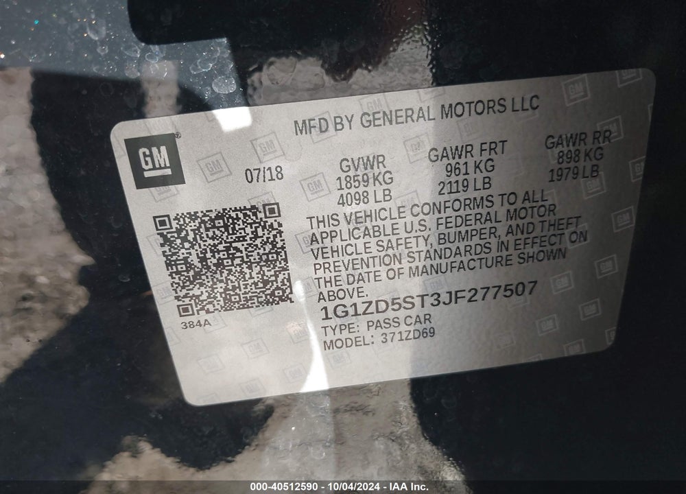 2018 CHEVROLET MALIBU LT VIN: 1G1ZD5ST3JF277507