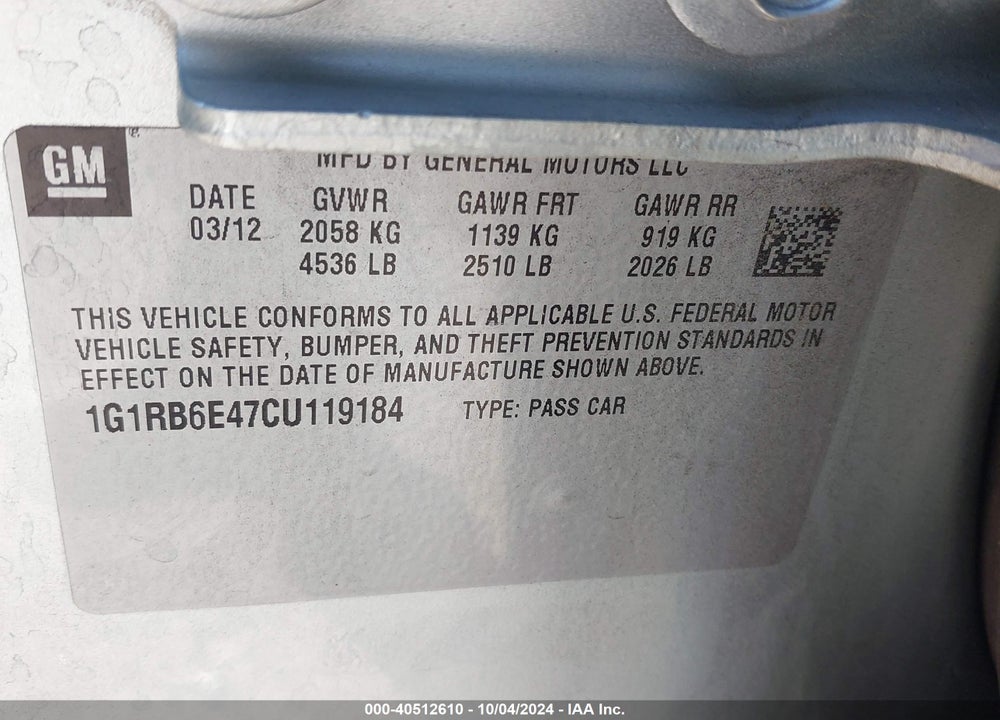 2012 CHEVROLET VOLT VIN: 1G1RB6E47CU119184
