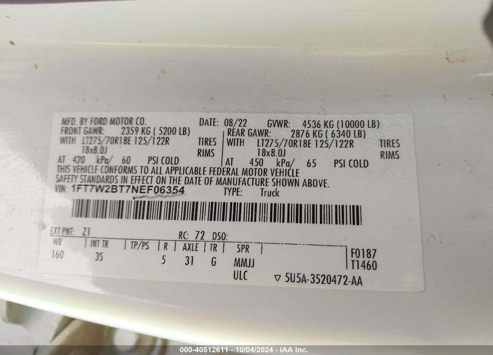 2022 FORD F-250 XLT VIN: 1FT7W2BT7NEF06354