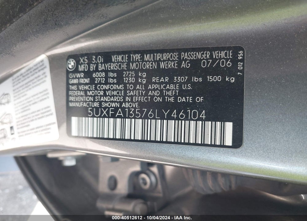 2006 BMW X5 3.0I VIN: 5UXFA13576LY46104