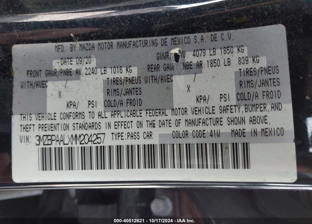 2021 MAZDA 3 2.5 S VIN: 3MZBPAALXMM204257