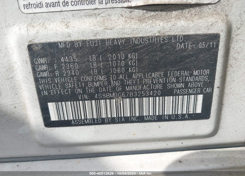 2011 SUBARU LEGACY 2.5I PREMIUM VIN: 4S3BMBG67B3253420