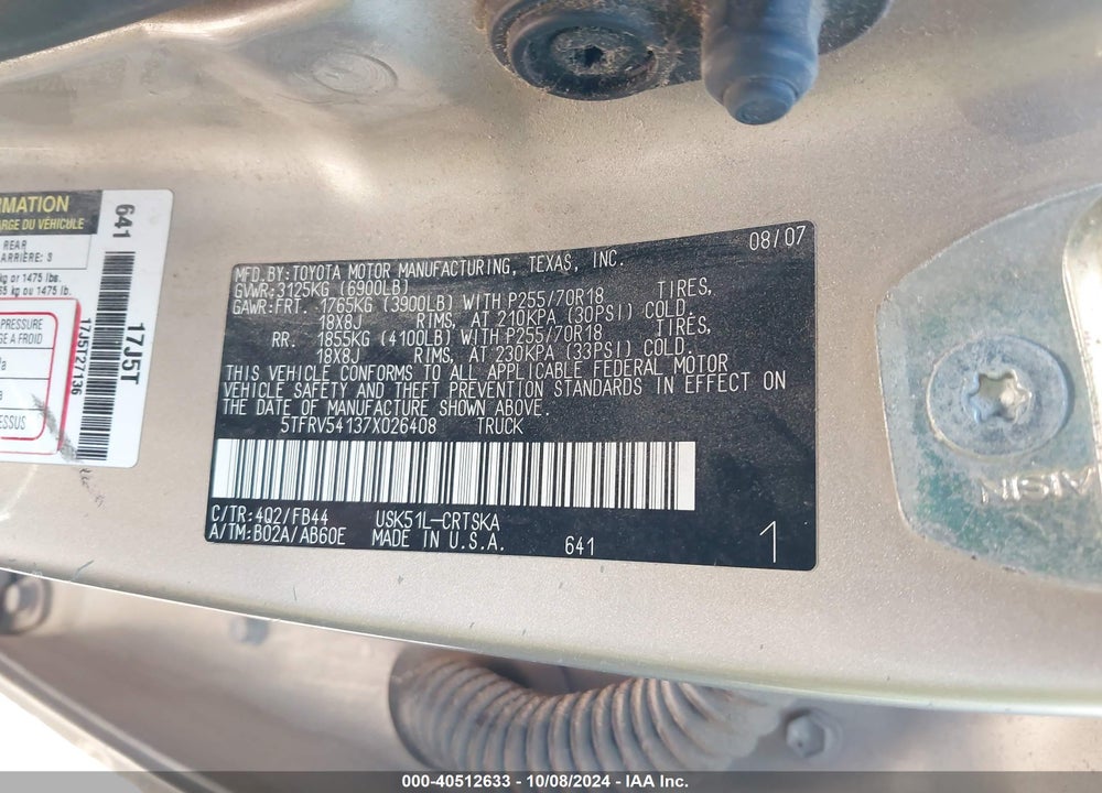 2007 TOYOTA TUNDRA SR5 V8 VIN: 5TFRV54137X026408