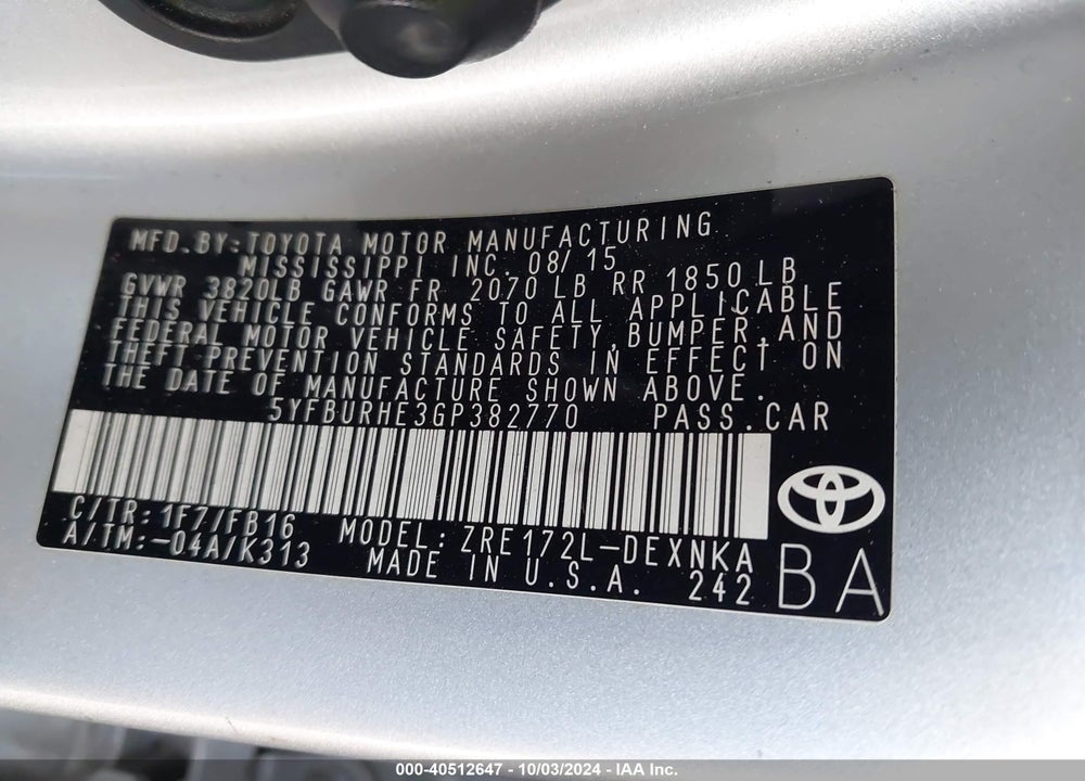 2016 TOYOTA COROLLA VIN: 5YFBURHE3GP382770