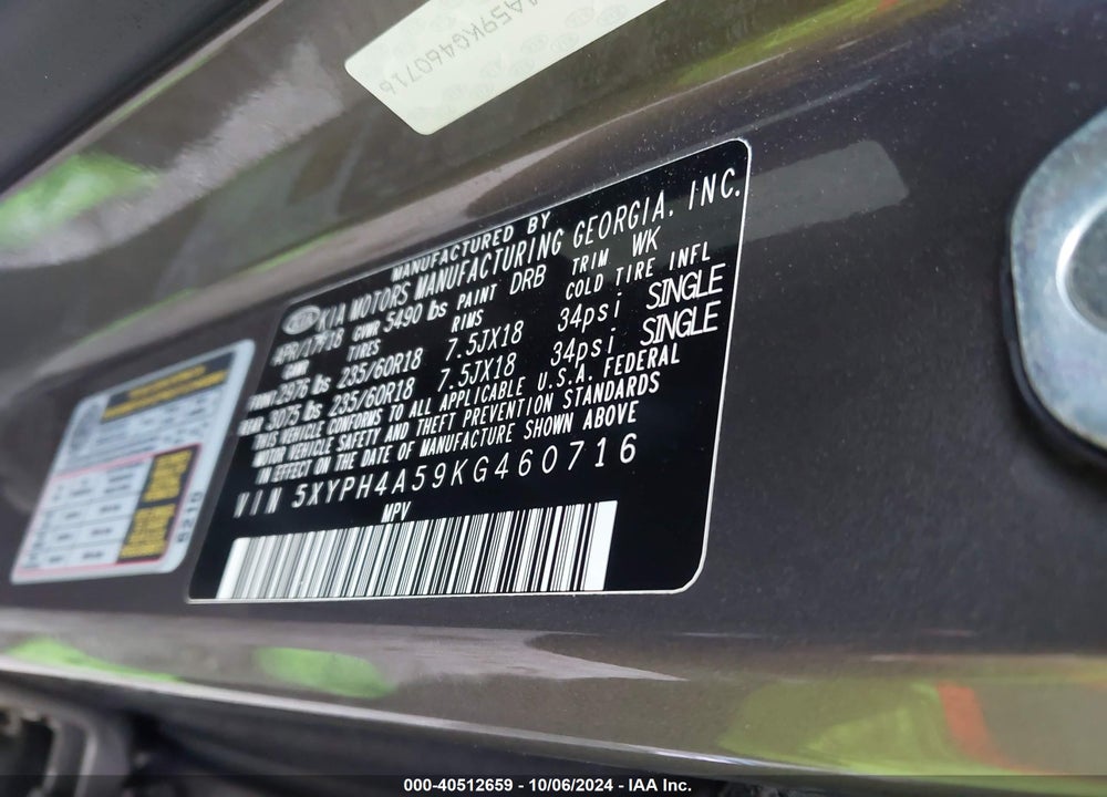 2019 KIA SORENTO 3.3L EX VIN: 5XYPH4A59KG460716