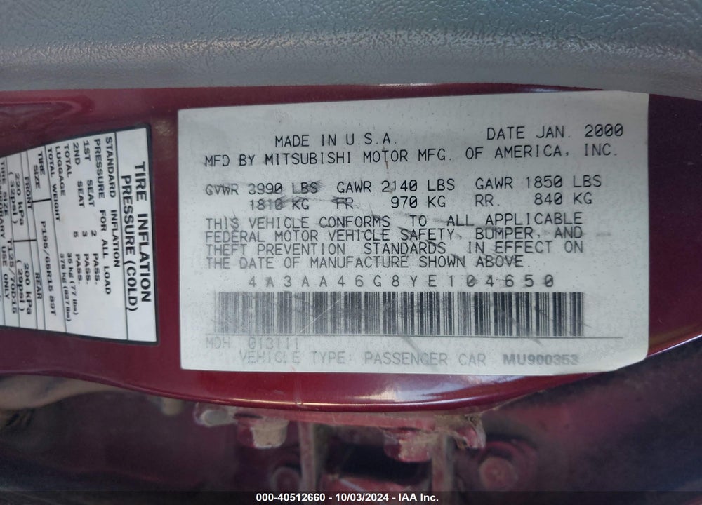 2000 MITSUBISHI GALANT ES VIN: 4A3AA46G8YE104650