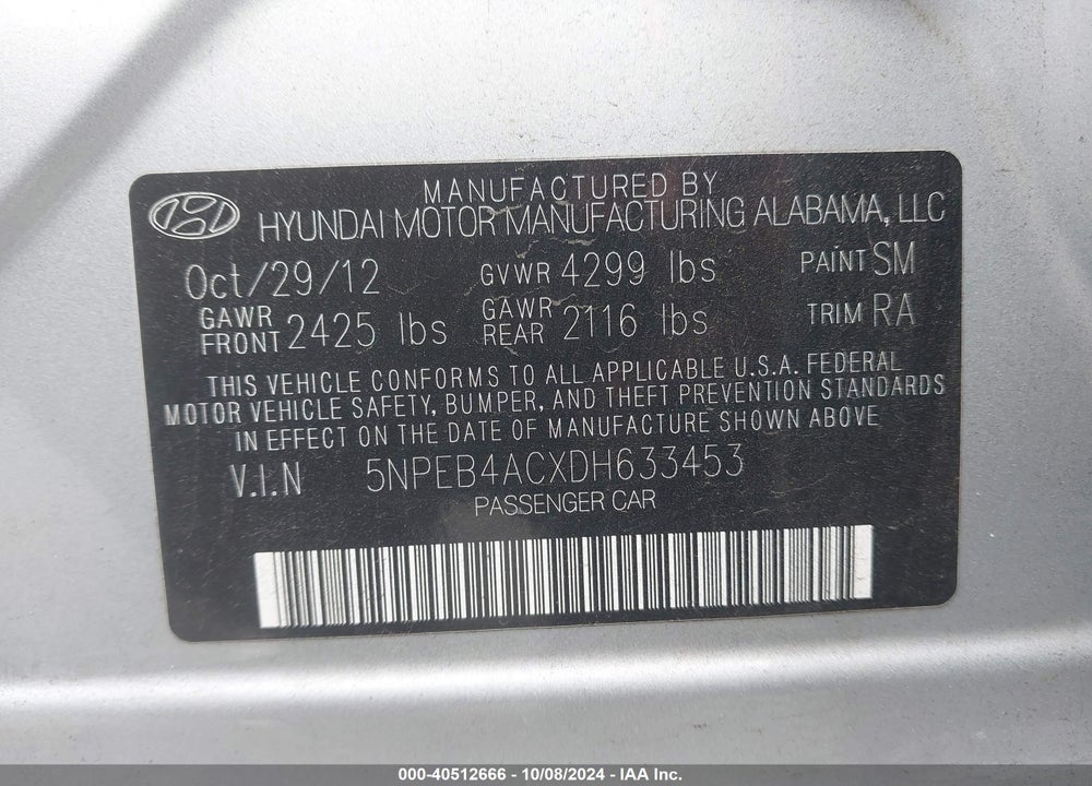 2013 HYUNDAI SONATA GLS VIN: 5NPEB4ACXDH633453