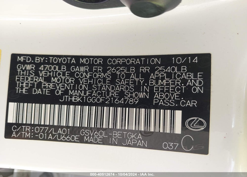 2015 LEXUS ES 350 VIN: JTHBK1GG0F2164789