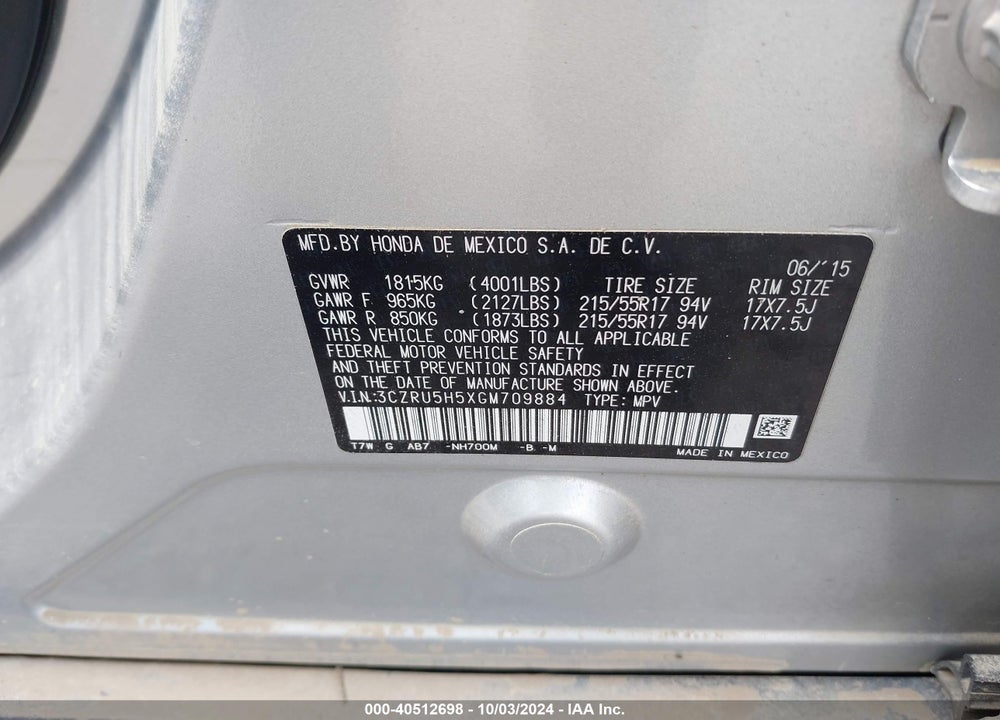 2016 HONDA HR-V EX VIN: 3CZRU5H5XGM709884