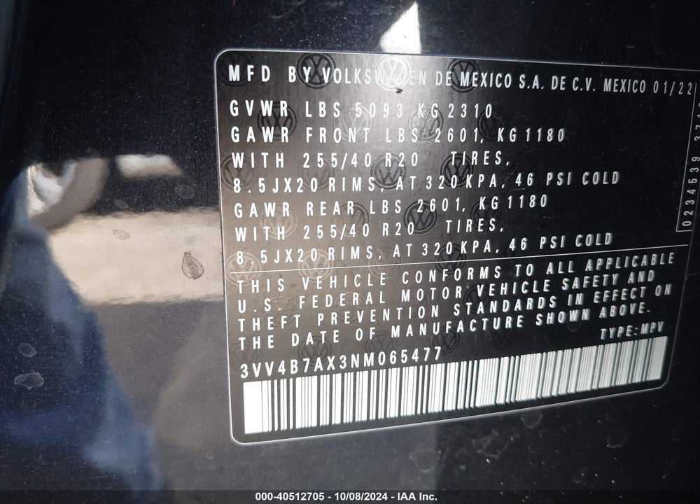 2022 VOLKSWAGEN TIGUAN 2.0T SEL R-LINE VIN: 3VV4B7AX3NM065477