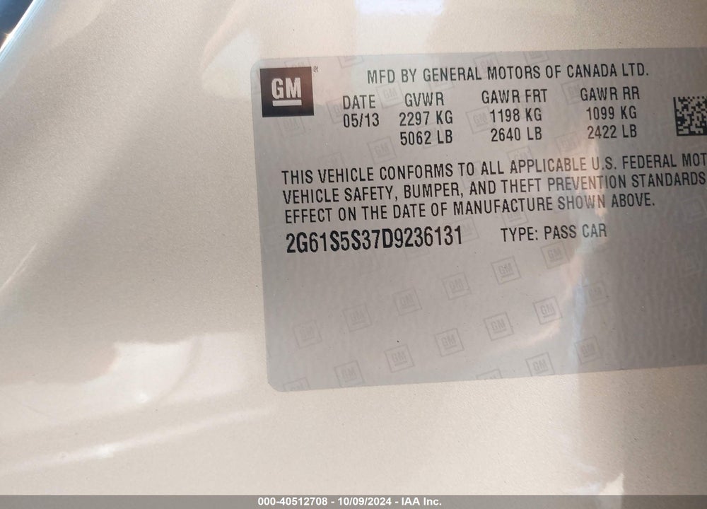 2013 CADILLAC XTS PREMIUM VIN: 2G61S5S37D9236131