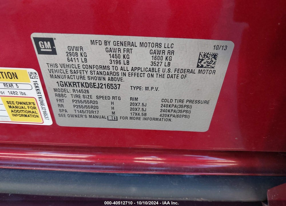 2014 GMC ACADIA DENALI VIN: 1GKKRTKD6EJ216537