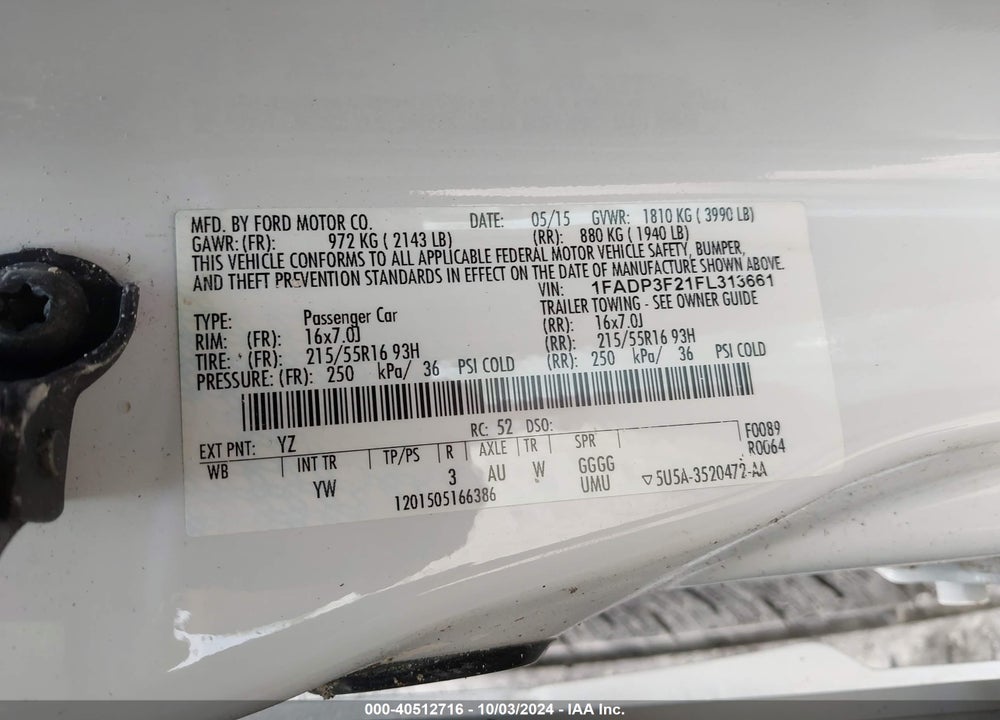 2015 FORD FOCUS SE VIN: 1FADP3F21FL313661
