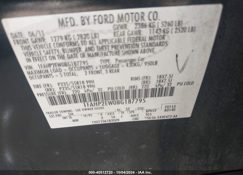 2011 FORD TAURUS SEL VIN: 1FAHP2EW0BG187795