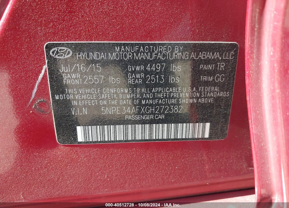 2016 HYUNDAI SONATA SPORT VIN: 5NPE34AFXGH272382