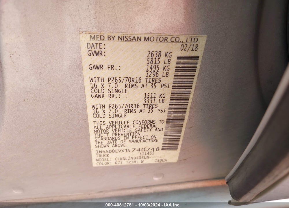 2018 NISSAN FRONTIER SV VIN: 1N6AD0EVXJN740248