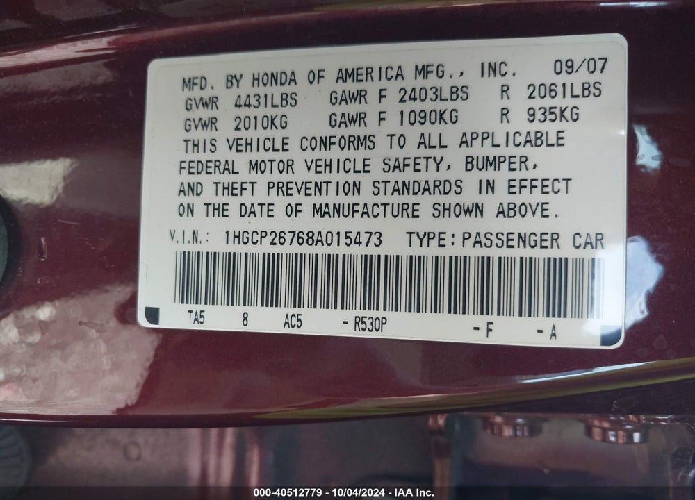 2008 HONDA ACCORD 2.4 EX VIN: 1HGCP26768A015473