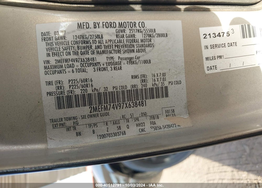 2007 MERCURY GRAND MARQUIS GS VIN: 2MEFM74V97X638481
