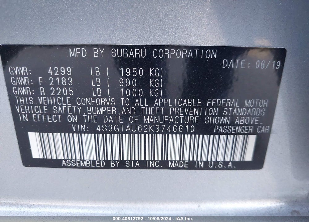 2019 SUBARU IMPREZA 2.0I LIMITED VIN: 4S3GTAU62K3746610