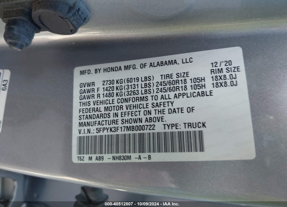 2021 HONDA RIDGELINE AWD SPORT VIN: 5FPYK3F17MB000722