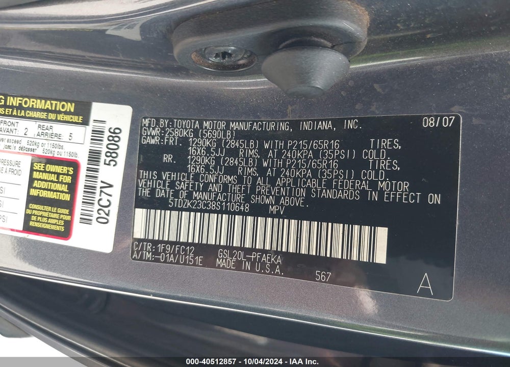 2008 TOYOTA SIENNA LE VIN: 5TDZK23C38S110648